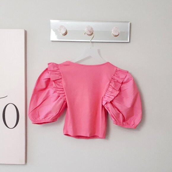 NWOT Zara pink cotton ribbed puff balloon ruffle statement sleeve crop top, M - Picture 9 of 9